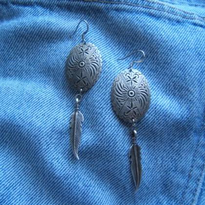 Southwestern Tribal Concho Earrings, Feather..