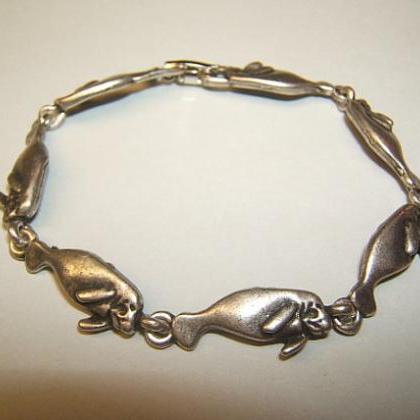Nature Sea Life, Tropical Manatee Bracelet, Silver..