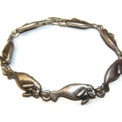 Nature Sea Life, Tropical Manatee Bracelet, Silver..