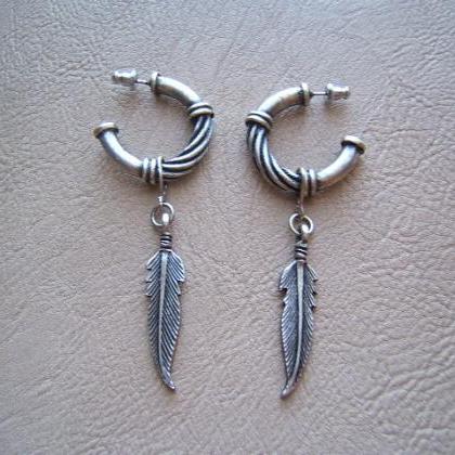 Tribal Southwestern Hoop Earrings With Feathers,..
