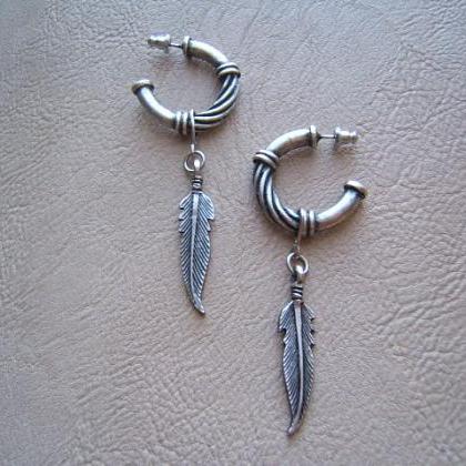Tribal Southwestern Hoop Earrings With Feathers,..