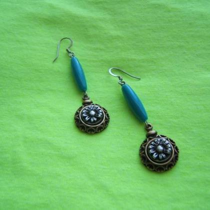 Summer Flower Floral Earrings, Two Tone, Turquoise..