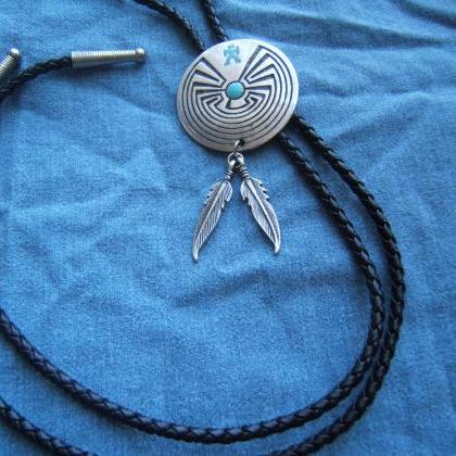 Man In Maze Bolo Tie With Feathers, Silver Bolo..