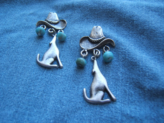 Western Cowgirl Hat Earrings, Silver Earring, Western Jewelry, Wolf Coyote Jewelry, #80123-1